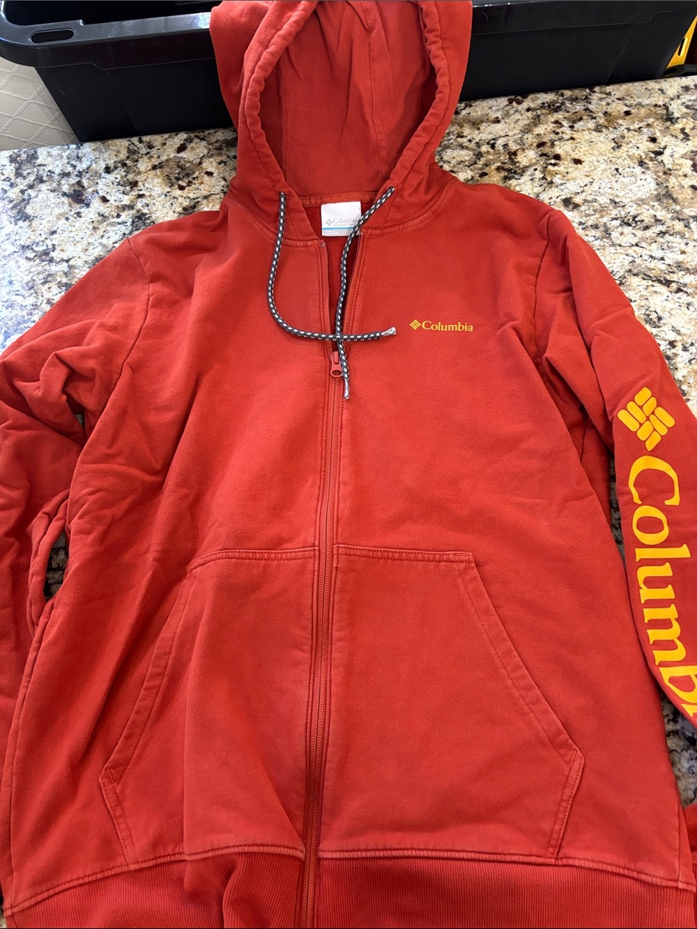Columbia Red Full-Zip Hoodie with Yellow Logo Sleeve Text